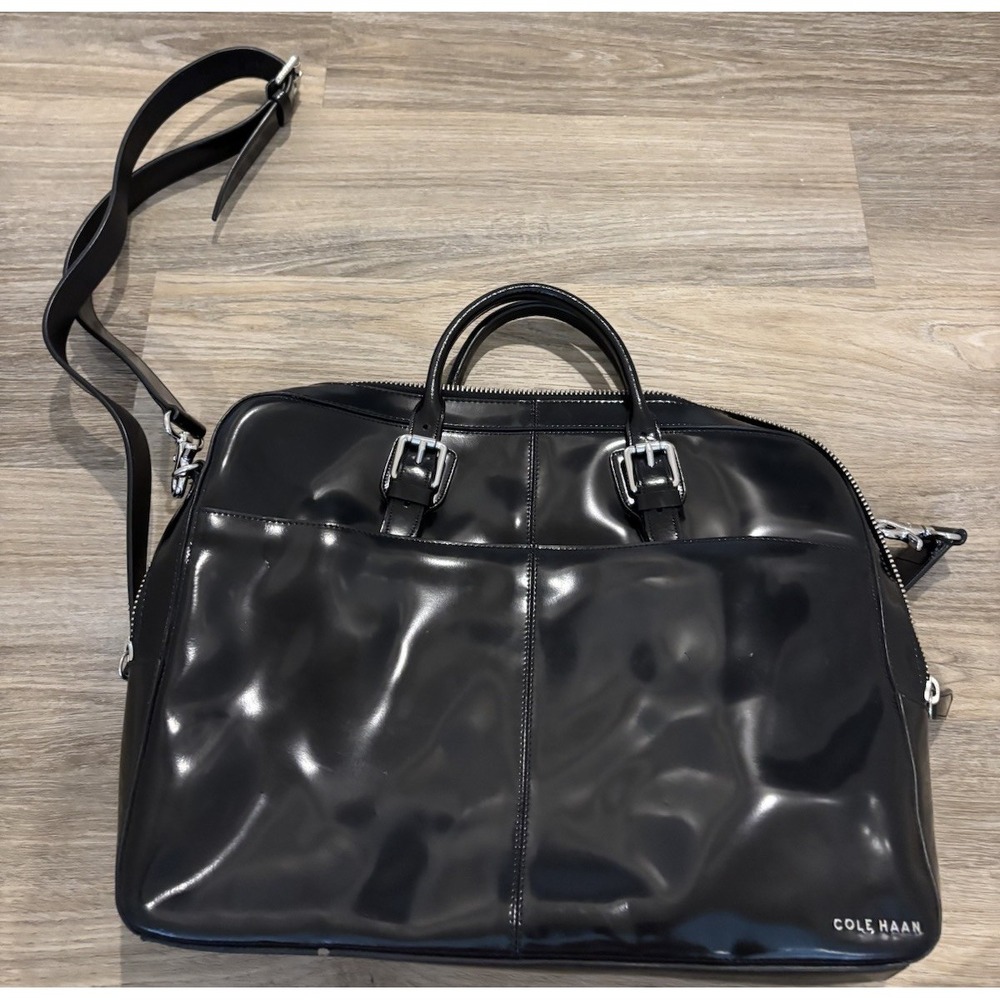 Cole Haan Mens/Womens Laptop Bag Black Glossy Silver Hardware Briefcase  Zipper